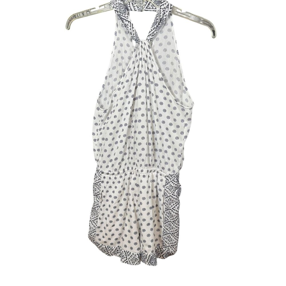 Splendid Halter Neck Romper XS White Blue Boho Print Elastic Waist Pockets
